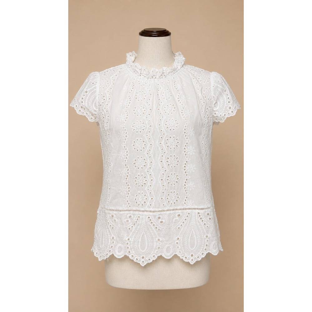 Adiva White Eyelet Embroidered Blouse Small Cotton Ruffle Neck Cottagecore Top